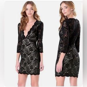 BEBE Black Ivory lace Overlay Deep V Scallop Top Dress.